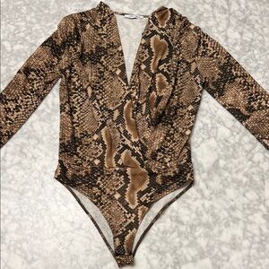 Zara Brown & Black Snake-Print Long Sleeve Wrap Bodysuit